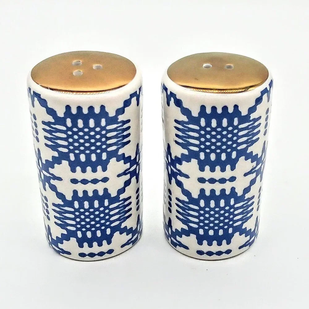 Blue White Ceramic Gold Top Salt Pepper Shakers